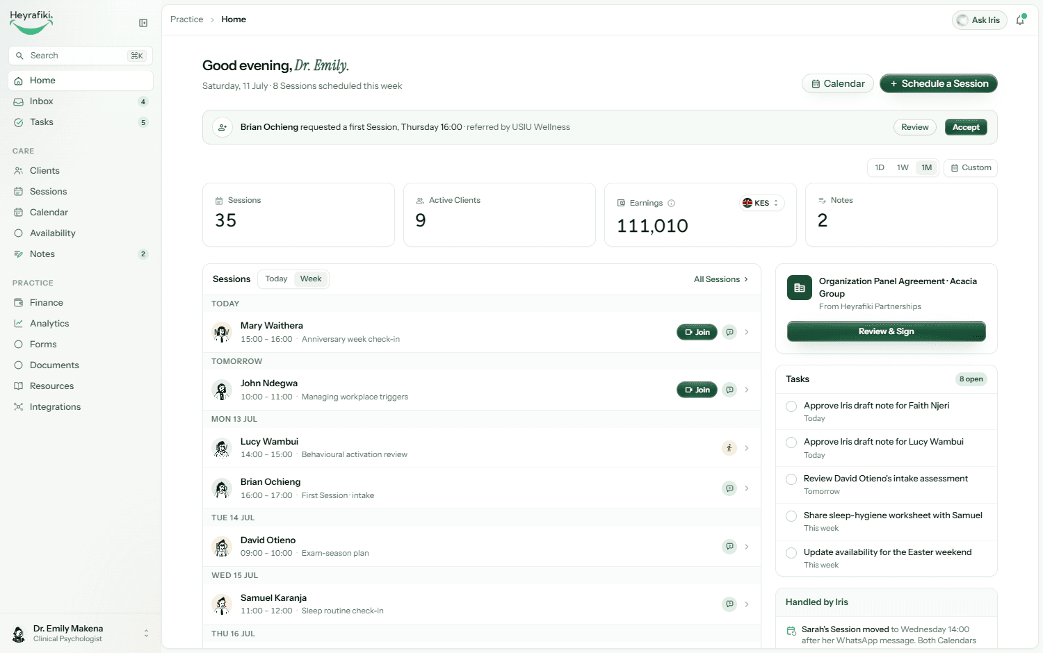 The Heyrafiki practice dashboard: Sessions, Clients, Earnings and Tasks in one place