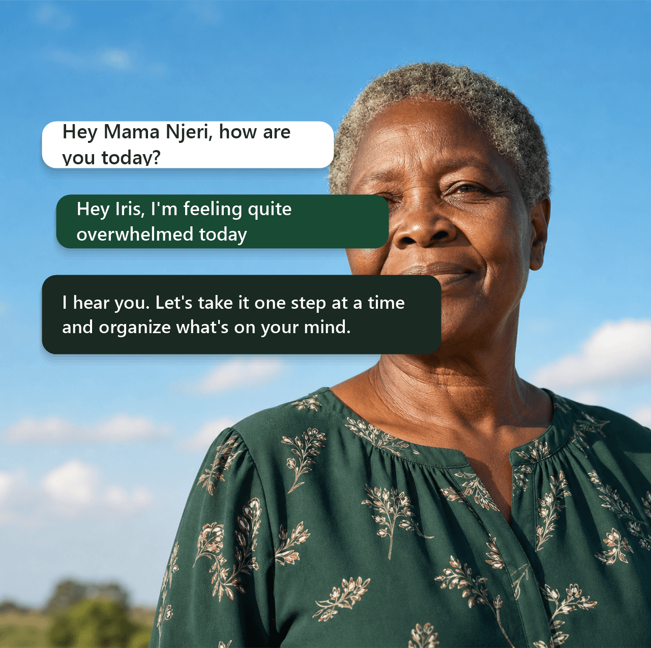 Mama Njeri under an open sky, mid-conversation with Iris about feeling overwhelmed