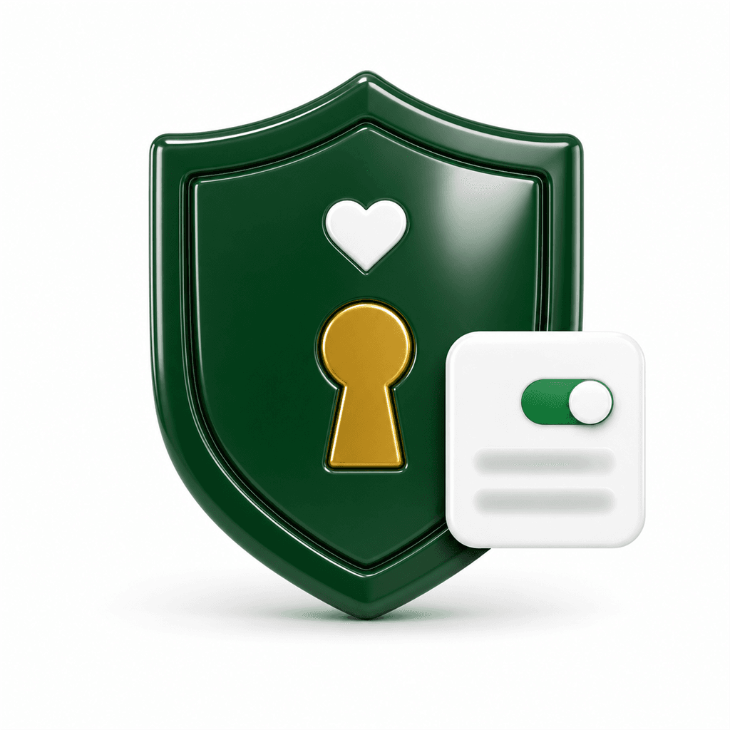 A deep-green shield with a gold keyhole beside a consent toggle switched on
