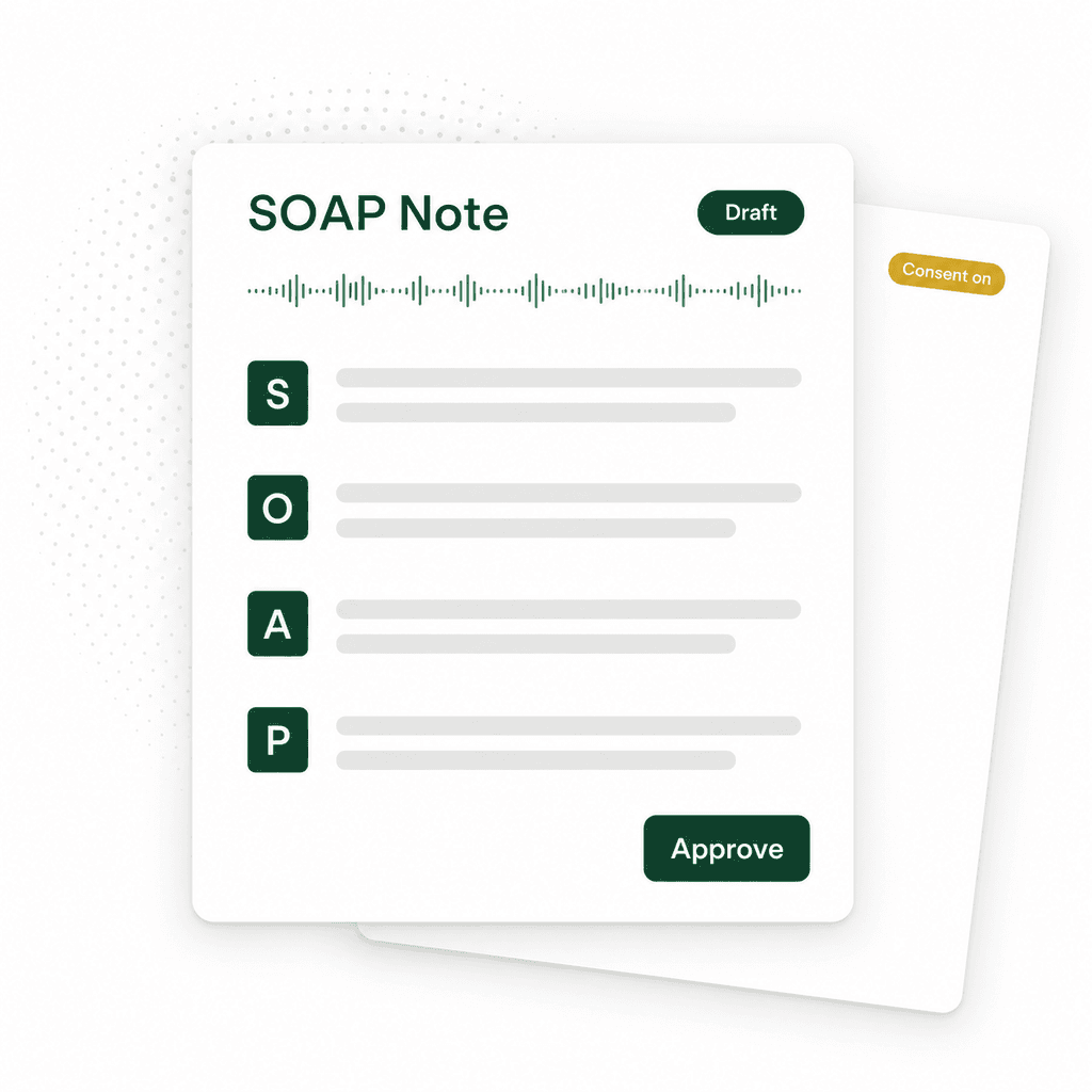 A SOAP Note drafting itself from a voice waveform, marked Draft until approved