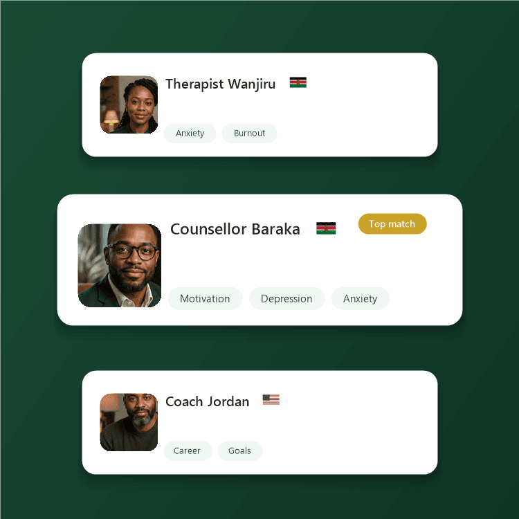 Practitioner match cards, Therapist Wanjiru, Counsellor Baraka marked Top match, and Coach Jordan