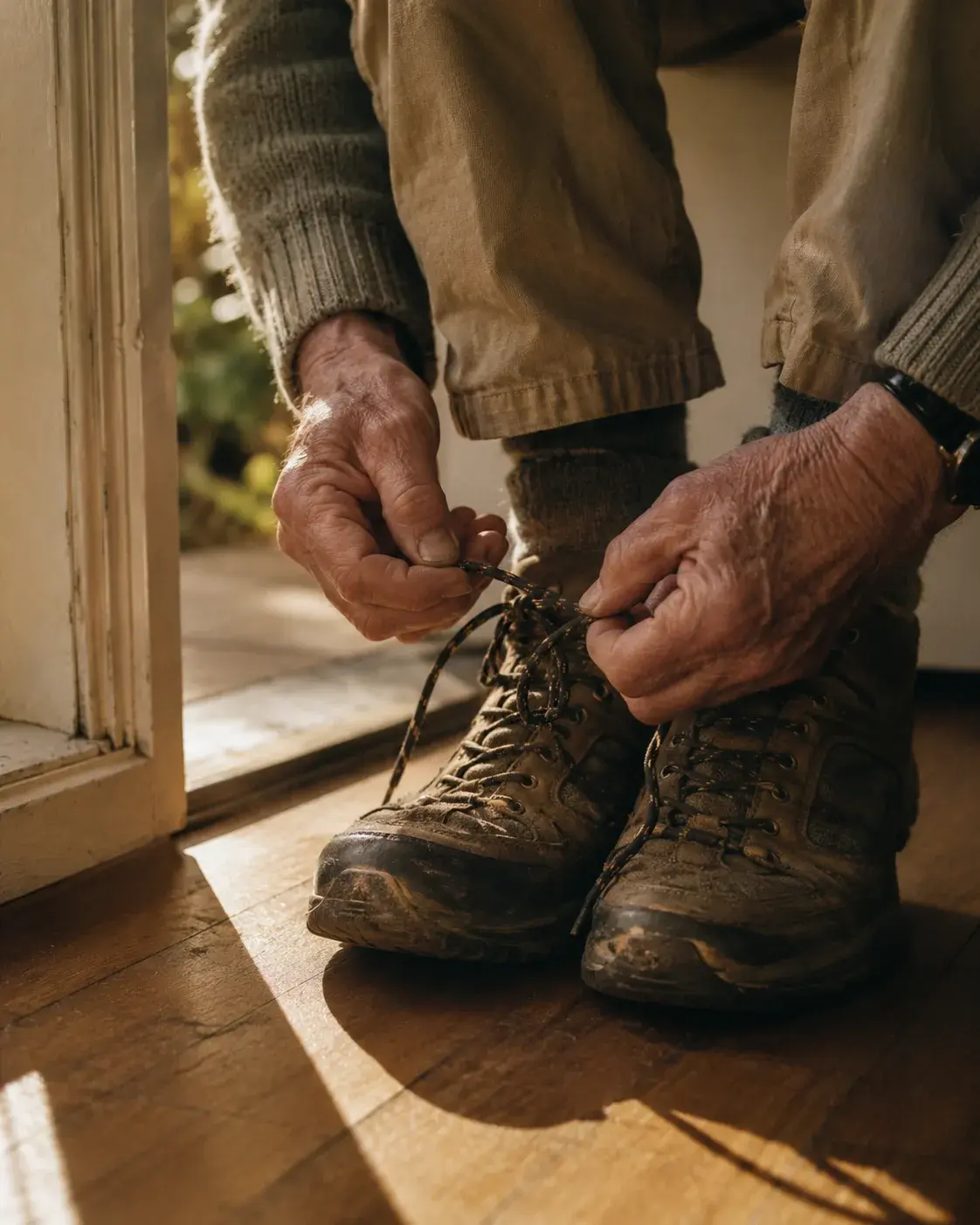 Hands tying worn hiking boots in warm morning light, ready for the next step