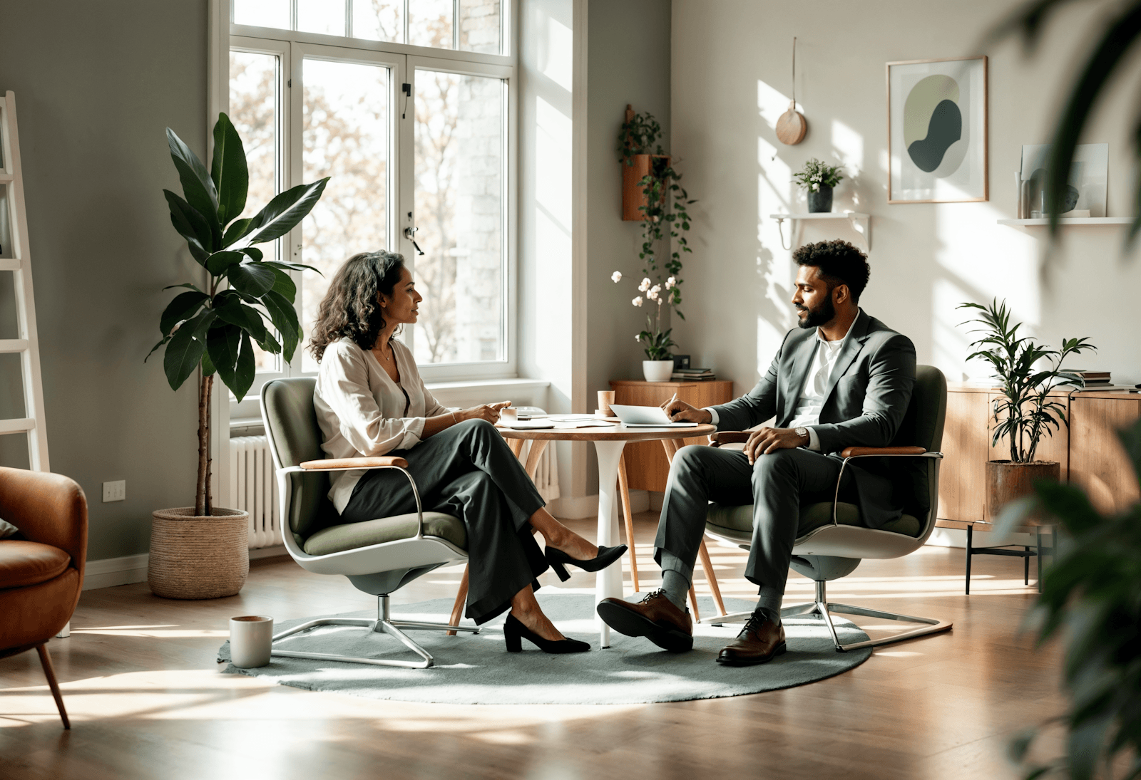 Two people in a sunlit room, seated in conversation